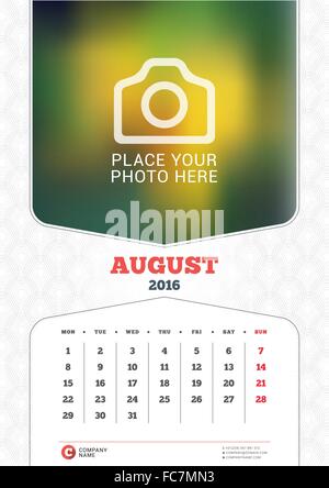 August 2016. Wall Monthly Calendar for 2016 Year. Vector Design Print Template with Place for Photo and Pattern Background. Week Stock Vector