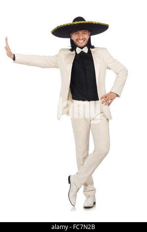 Funny mexican in suit and sombrero isolated on white Stock Photo