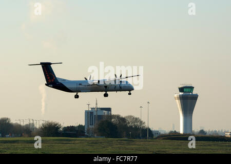 Brussels Airlines DHC Dash 8 aircraft landing at Birmingham Airport, UK Stock Photo