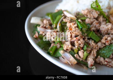 Thai spicy minced pork salad served with steamed rice Stock Photo