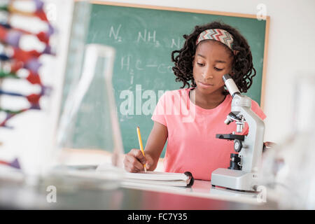 Black student performing experiment in science class Stock Photo