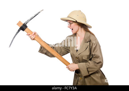 Woman wearing safari hat on white Stock Photo