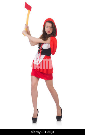 Funny woman with axe isolated on white Stock Photo