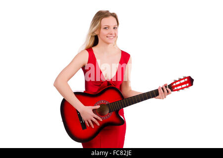 Blond hair woman with guitar isolated on white Stock Photo