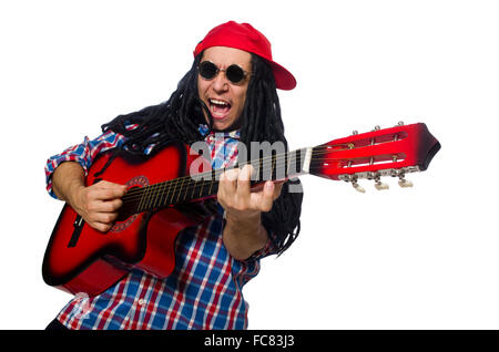 Man with dreadlocks holding guitar isolated on white Stock Photo