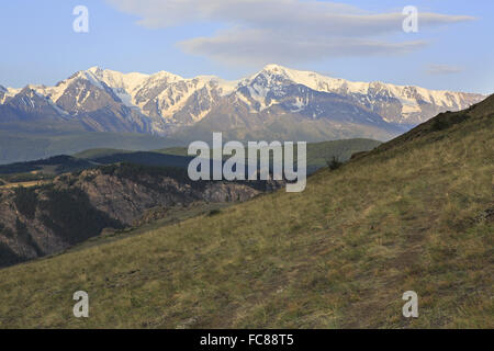 Kurai steppe and North Chuya ridge at dawn. Stock Photo