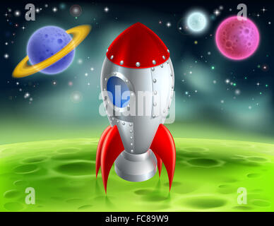 An illustration of a cartoon retro space rocket ship or space ship landed on a moon or planet with alien planets and stars in th Stock Photo