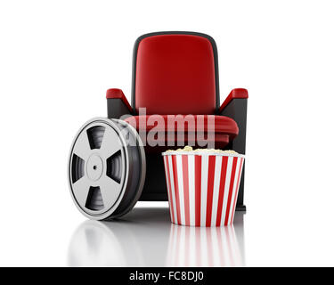 3d Film reel and popcorn on theater seat. Stock Photo