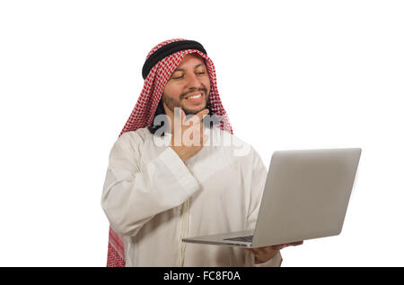 Arab man with laptop isolated on white Stock Photo