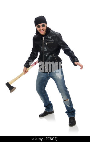 Angry man with axe isolated on white Stock Photo