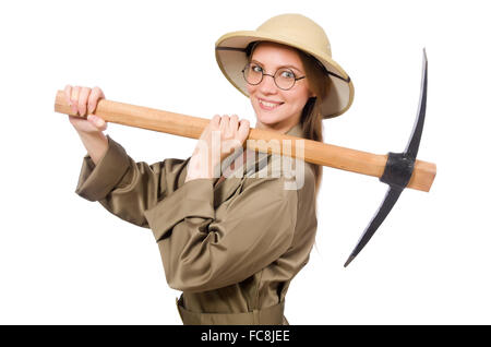 Woman wearing safari hat on white Stock Photo