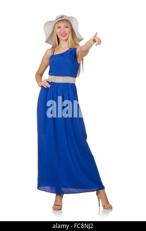Beautiful woman in long blue dress isolated on white Stock Photo