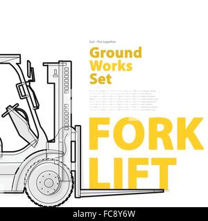 Excavator - yellow and orange typography set of ground works machines vehicles on white. Construction equipment for building. Vector illustration. Stock Vector