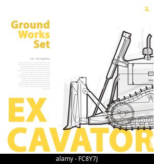 Excavator - yellow and orange typography set of ground works machines vehicles on white. Construction equipment for building. Vector illustration. Stock Vector