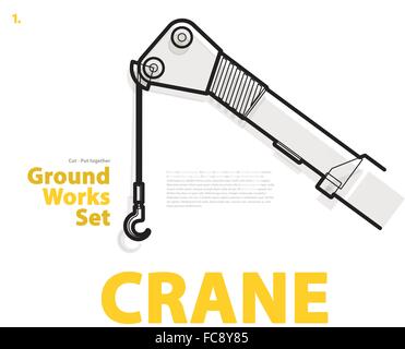 Excavator - yellow and orange typography set of ground works machines vehicles on white. Construction equipment for building. Vector illustration. Stock Vector