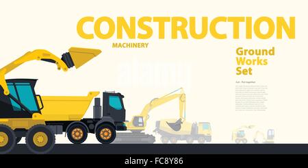 Yellow set of construction machinery machines vehicles, excavator. Vector construction equipment for building. Truck, Digger, Crane. Stock Vector