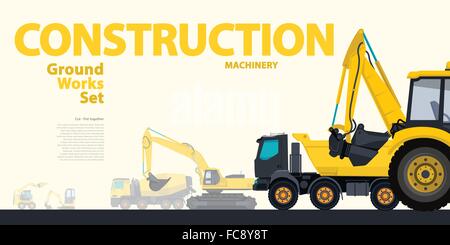 Yellow set of construction machinery machines vehicles, excavator. Construction equipment for building. Truck, Digger, Crane, Bagger, Mix, vector. Stock Vector