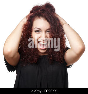 girl letting out scream of joy Stock Photo