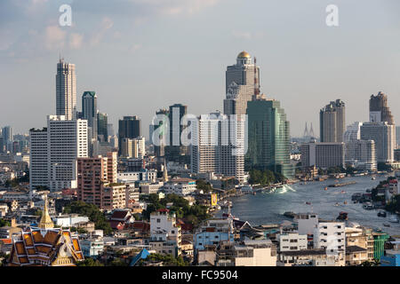 City view, skyscrapers of Bang Rak Financial District, Silom District, Chao Phraya River, Panoramic view from Grand China Hotel Stock Photo
