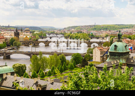 Prague cityscape looking down the Vltava River, Prague, Czech Republic, Europe Stock Photo