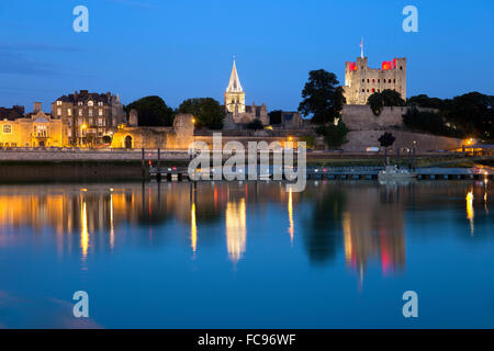 Rochester Castle and Cathedral on the River Medway at night, Rochester, Kent, England, United Kingdom, Europe Stock Photo