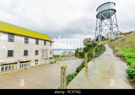 The Quartermaster building and Water Tower on Alcatraz island penitentiary, now a museum in San Francisco, California, USA. Stock Photo