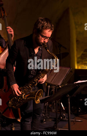 NEW YORK, NY - JANUARY 16, 2016: Emile Parisien quartet performs as part of New York City Winter Jazz Festival at DJango at Roxy Hotel Stock Photo