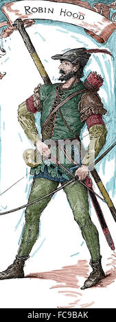 Robin Hood. Heroic outlaw in English folklore. Archer and swordsman. Engraving. Color. Stock Photo