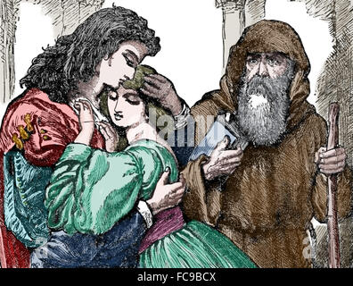 Romeo and Juliet by William Shakespeare (1564-1616) written. Engraving. Friar Lawrence marries Romeo and Juliet. Color. Stock Photo