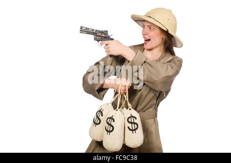 Woman wearing safari hat on white Stock Photo