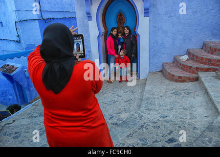 The blue walls of Chefchaouen, Morocco, which lies in the foothills of the Rif mountains. Stock Photo