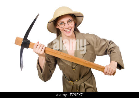 Woman wearing safari hat on white Stock Photo