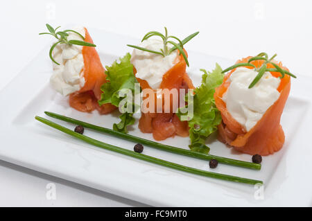 Canapes with smoked salmon with cream cheese Stock Photo