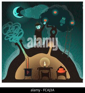 little goblin or gnome bring down golden apple in a fabulous ambiance Stock Vector