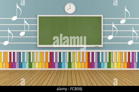 Classroom of a school of music with colorful keyboard and  musical notes on the wall-3D Rendering Stock Photo