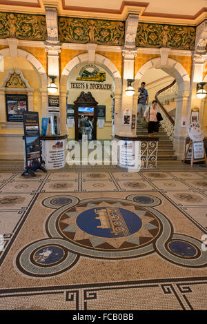 New Zealand, Dunedin. Historic Victorian Dunedin Railway Station, c. 1906. Interior view of tile floor. Stock Photo