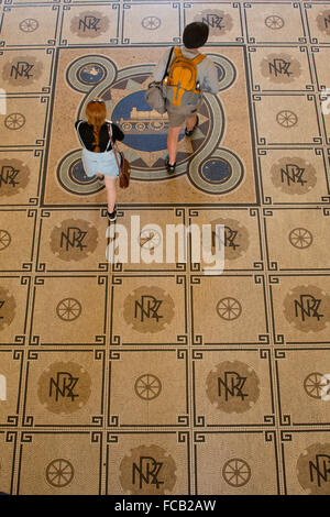 New Zealand, Dunedin. Historic Victorian Dunedin Railway Station, c. 1906. Interior view of tile floor. Stock Photo