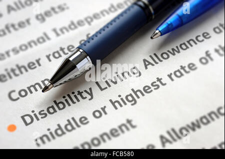 DISABILITY LIVING  ALLOWANCE INFORMATION FORM RE THE ELDERLY BENEFITS WELFARE CARING CARE HOME AGING POPULATION  PENSION  UK Stock Photo