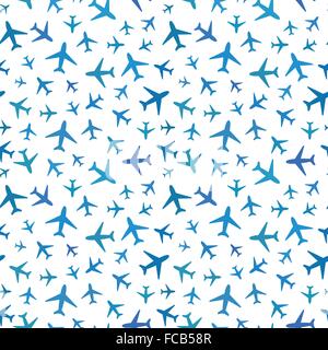 Many blue planes icons on white, seamless pattern Stock Vector