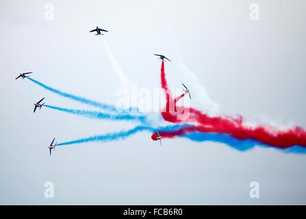 French Acrobatic Patrol, also known as the Patrouille de France or PAF performing during the stop over of the Volvo Ocean Race Stock Photo