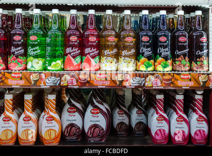 Different varieties of fruit based crushes and syrups on sale at the Mapro shop in Town Bazaar, Mahabaleshwar, Maharashtra Stock Photo