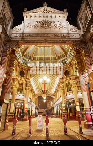 Leadenhall covered market interior entrance at night in London