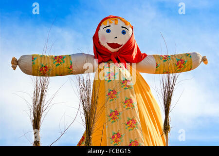 End of the winter. Shrovetide in Russia. Big doll for the burning. Maslenitsa or Pancake Week Stock Photo