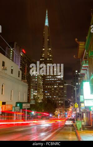 Night view of San Francisco Chinatown in northern California, United States of America. A view of the Chinese signs over the sho Stock Photo