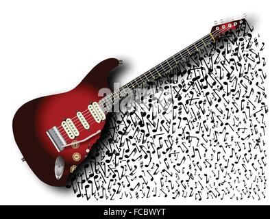 A sunburst color solid body electric guitar with abstract musical effect isolated over a white background Stock Vector