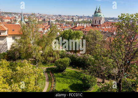 Southern gardens bellow Prague Castle, St Nicholas Church in Mala Strana Prague, Czech Republic Stock Photo