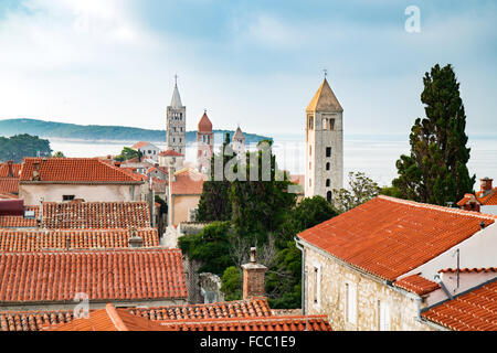View of the town of Rab, Croatian tourist resort famous for its four bell towers. Stock Photo