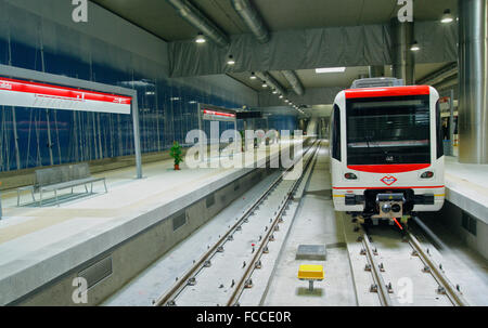 Almost empty platform and stopped trains in Palma de Mallorca railway station , on the Spanish Balearic island Stock Photo