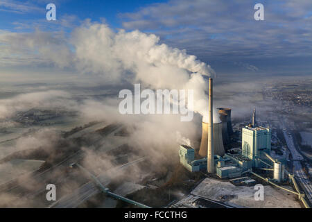 Aerial view, RWE Power Gersteinwerk, coal power plant in the winter light, temperature inversion over Werne, Werne, Ruhr Area, Stock Photo