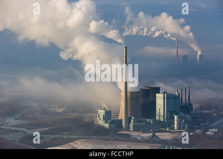 Aerial view, RWE Power Gersteinwerk, coal power plant in the winter light, temperature inversion over Werne, Werne, Ruhr Area, Stock Photo